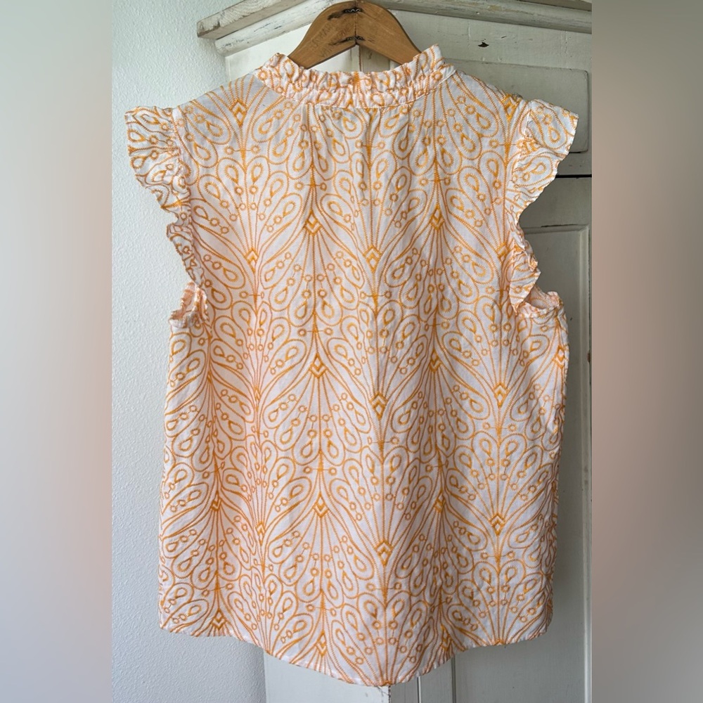 Ann Taylor LOFT | Womens White/Orange Ruffle Collar/Cap Sleeve Embroidered Top M - Picture 6 of 16